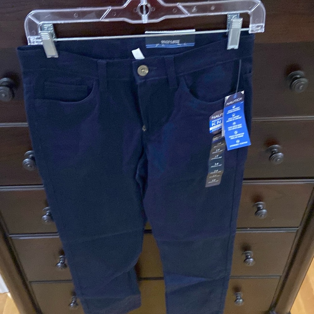 Boys navy dress pants w adjustable waist and reinforced knees Nautica new w tags